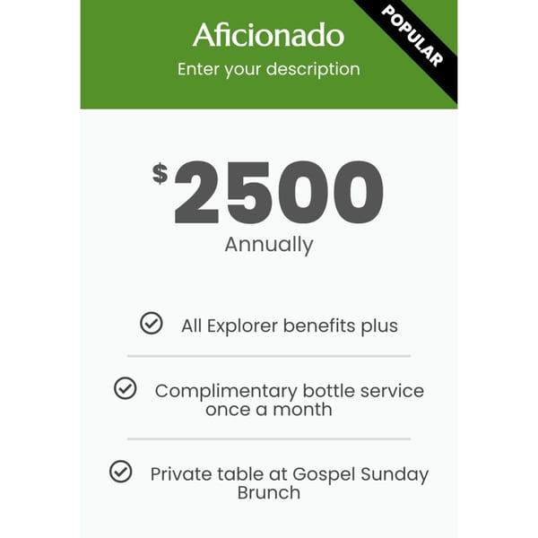 Aficionado membership details with $2500 annual fee and benefits like bottle service and private brunch table.