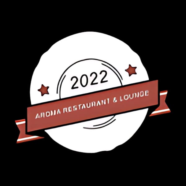 A white circular logo with "2022" and "Aroma Restaurant & Lounge" on a red banner.