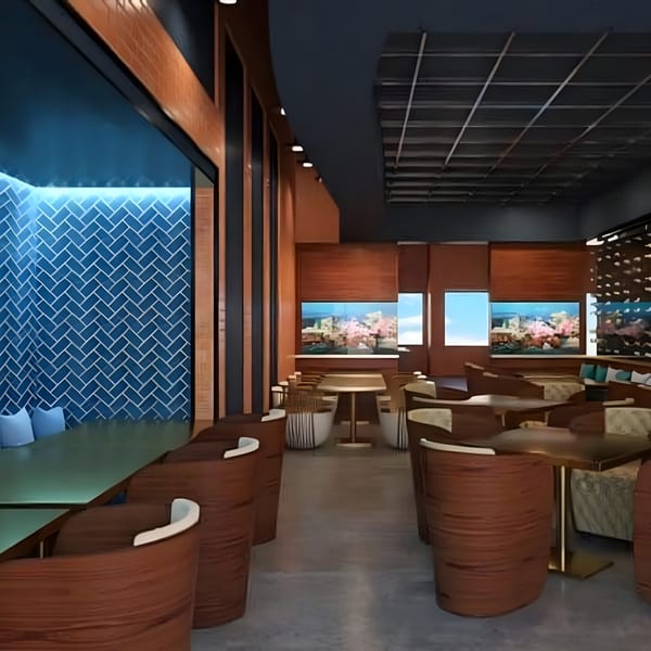 Aroma Restaurant & Lounge interior with wooden chairs, tables, and blue tiled walls.