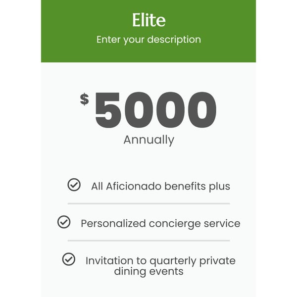 Elite membership tier for Aroma Restaurant & Lounge, priced at $5000 annually, with listed benefits.