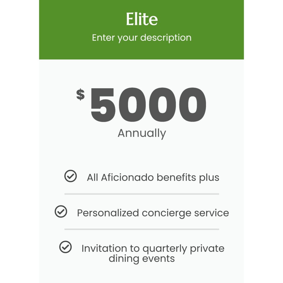 Elite membership tier for Aroma Restaurant & Lounge, priced at $5000 annually, with listed benefits.