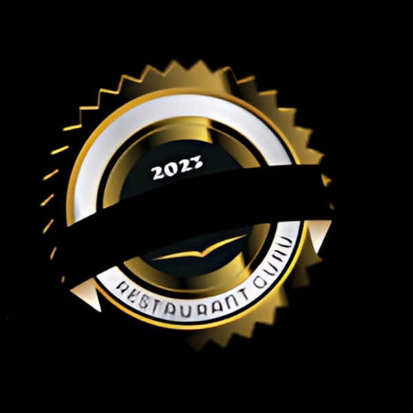 Gold and silver award seal with "2023" and "RESTAURANT GURU" text on a black background.