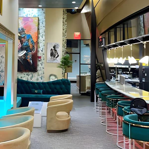 Aroma Restaurant & Lounge interior with a teal sofa, beige chairs, and a long bar with teal stools.