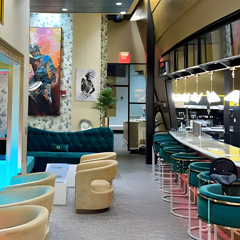 Aroma Restaurant & Lounge interior with a teal sofa, beige chairs, and a long bar with teal stools.